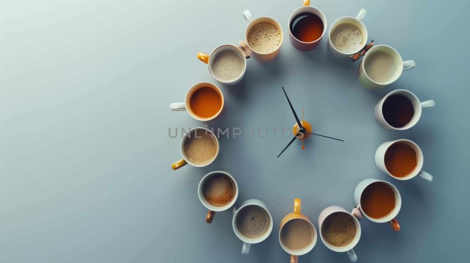 Conceptual depiction of spinning coffee cups forming a clock, symbolizing routine