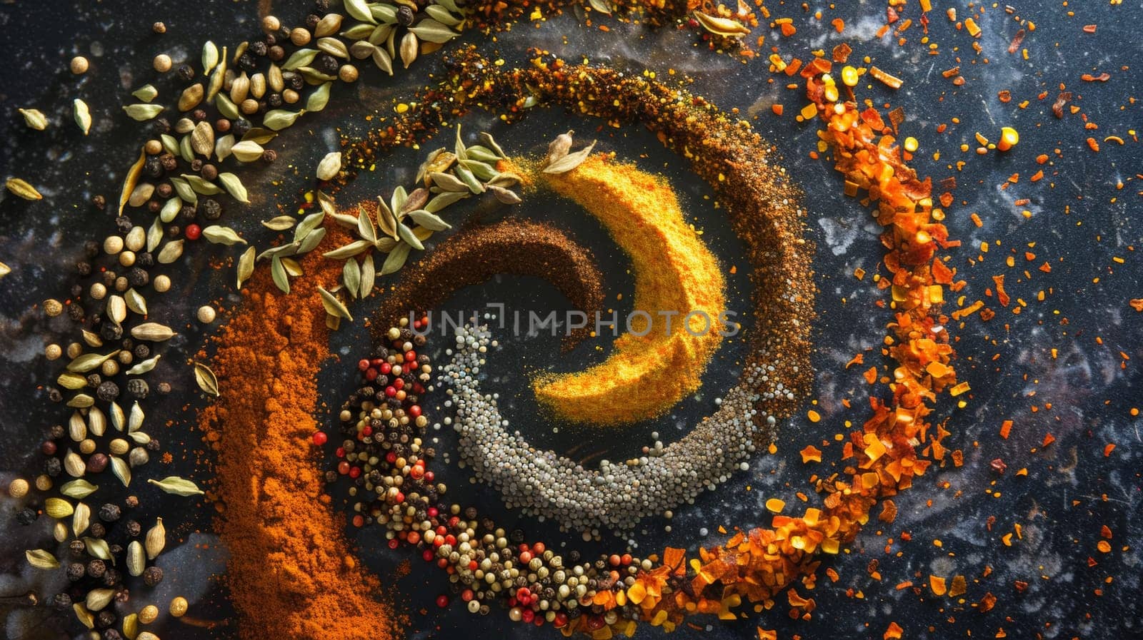 Conceptual representation of spinning spices forming a spiral, symbolizing depth of flavor