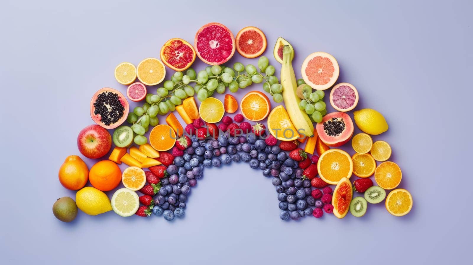 Conceptual image of spinning fruits forming a rainbow, representing diversity and abundance