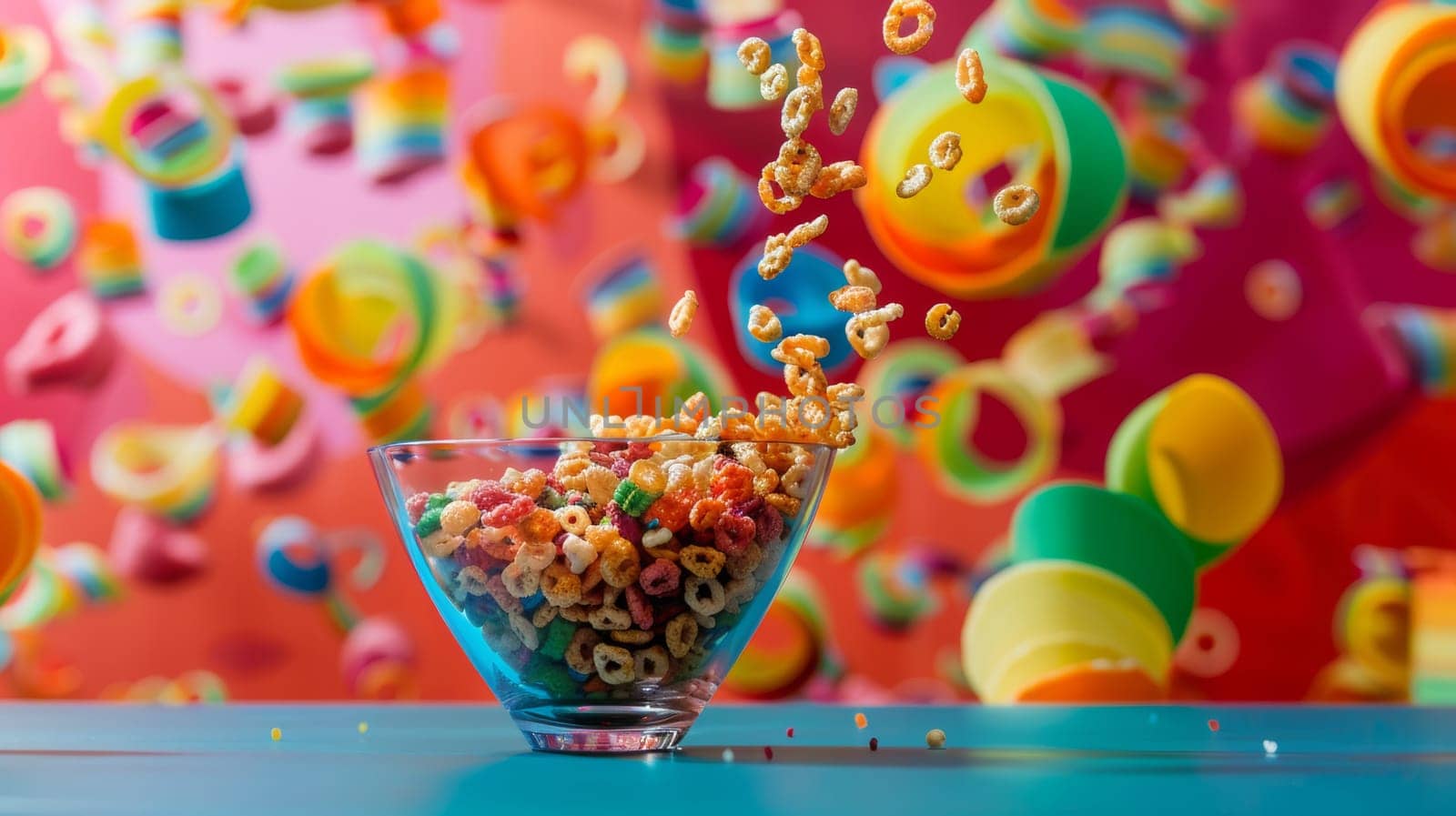 Colorful backdrop with a spinning bowl of cereal in motion