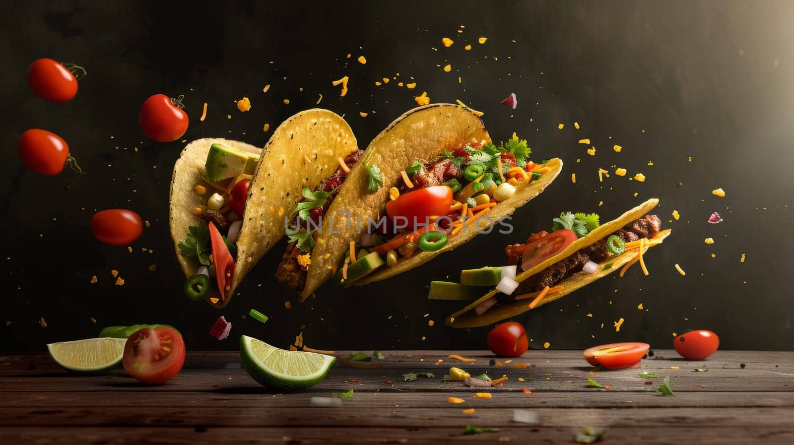 Dynamic copy space featuring levitating taco ingredients and space for Mexican cuisine promotions
