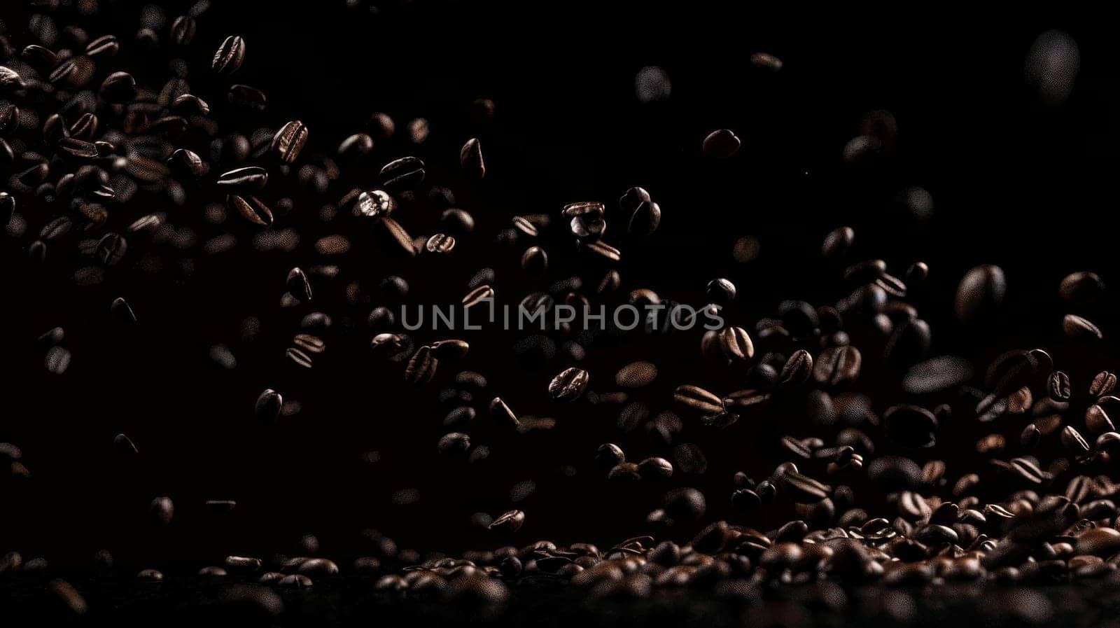 Dramatic silhouette of floating coffee beans captured in mid-air