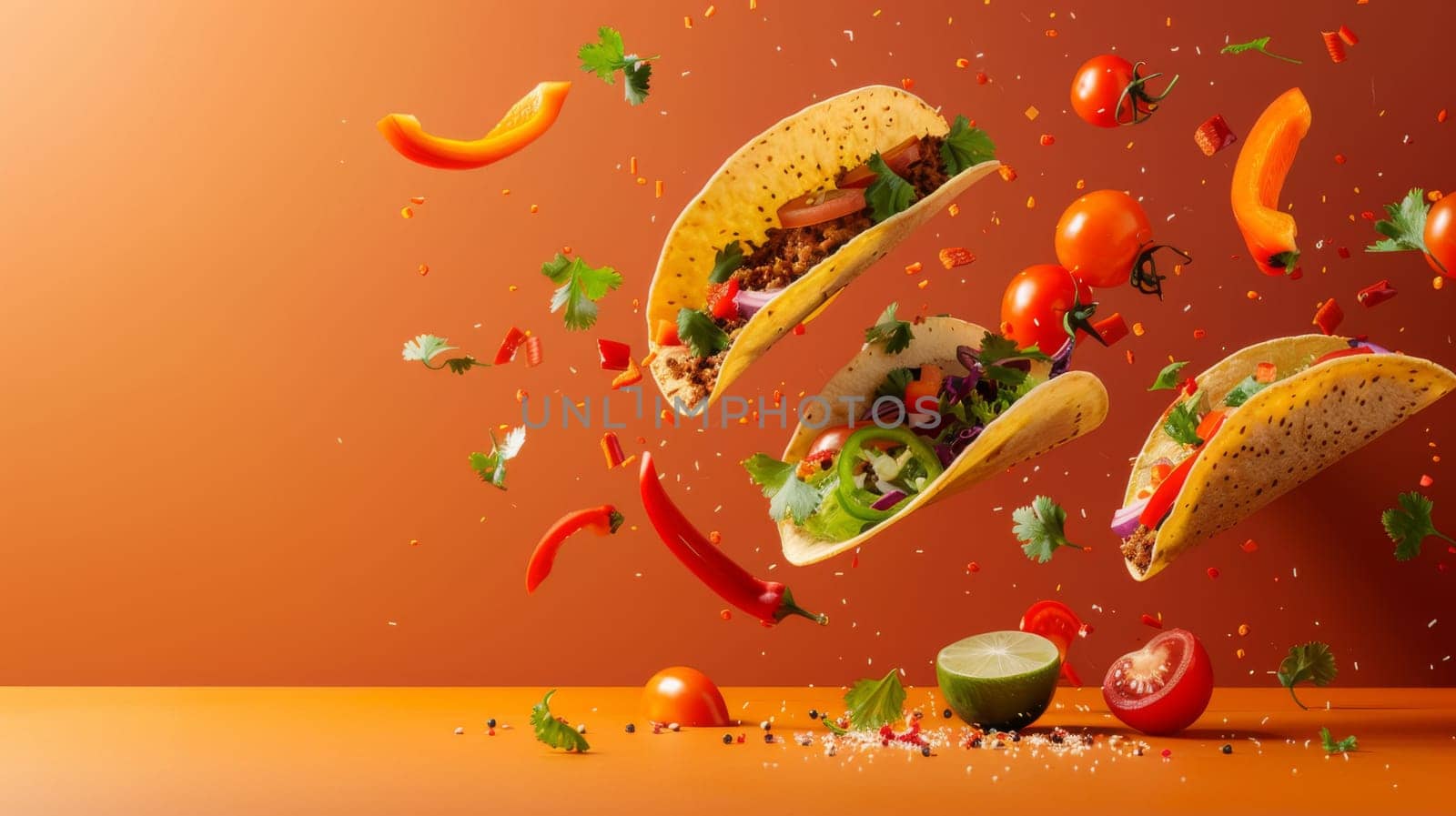 Dynamic copy space featuring levitating taco ingredients and space for Mexican food branding