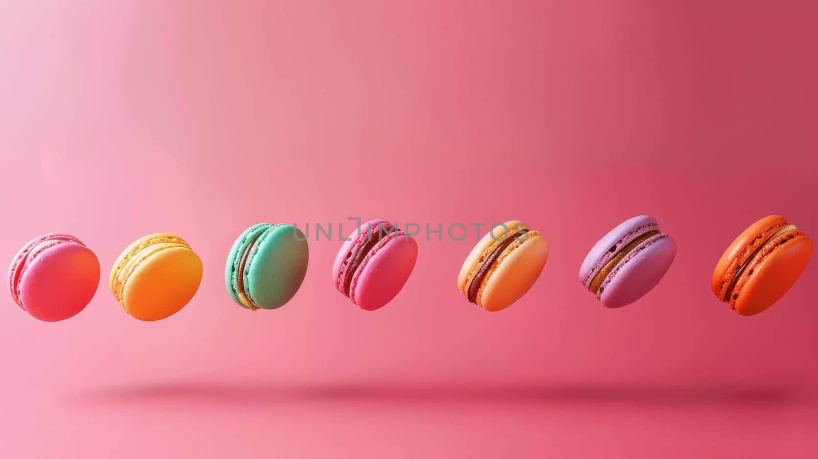 Contemporary design of levitating macarons arranged in a linear pattern