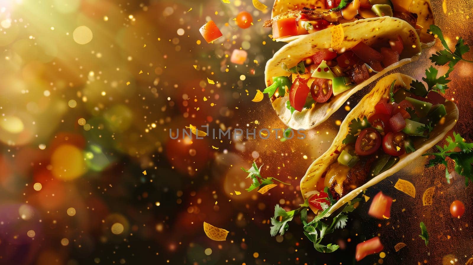 Dynamic composition with floating taco ingredients in a copy space
