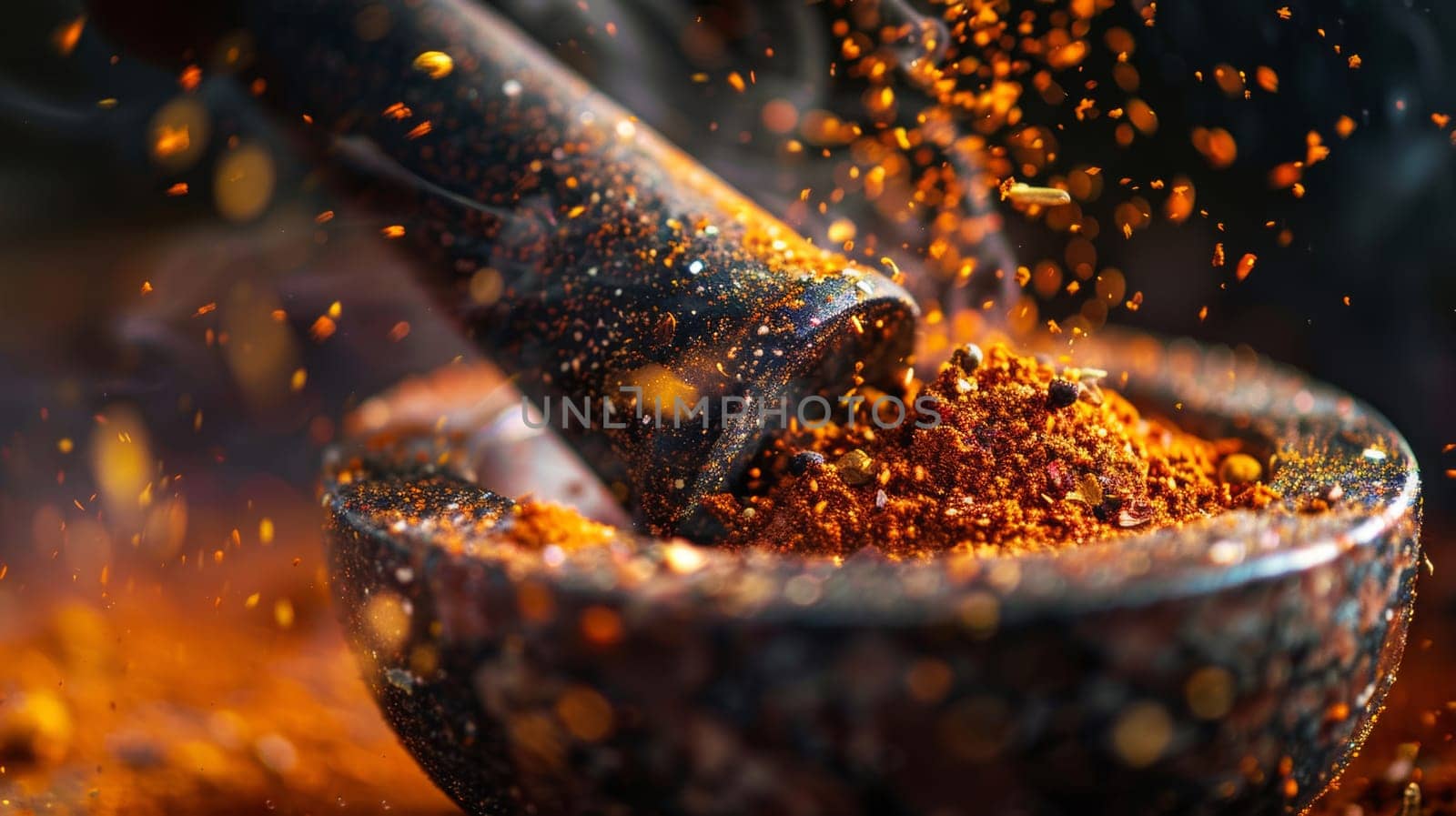Darkened shape of spices swirling in a mortar and pestle