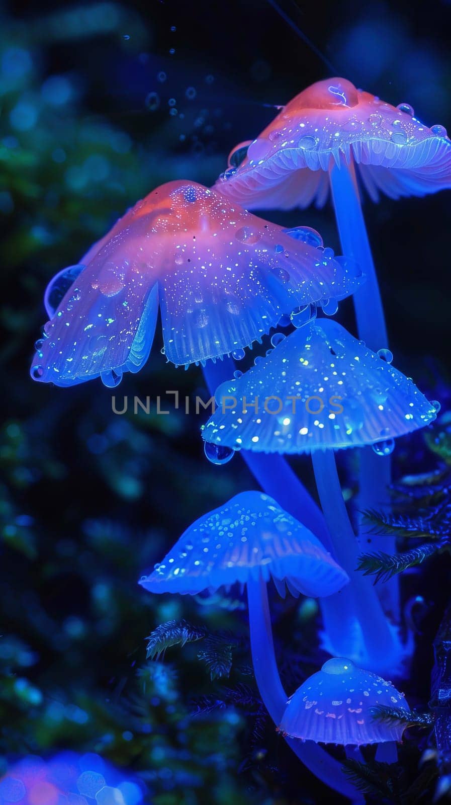 Ethereal bioluminescent fungi glowing in the dark