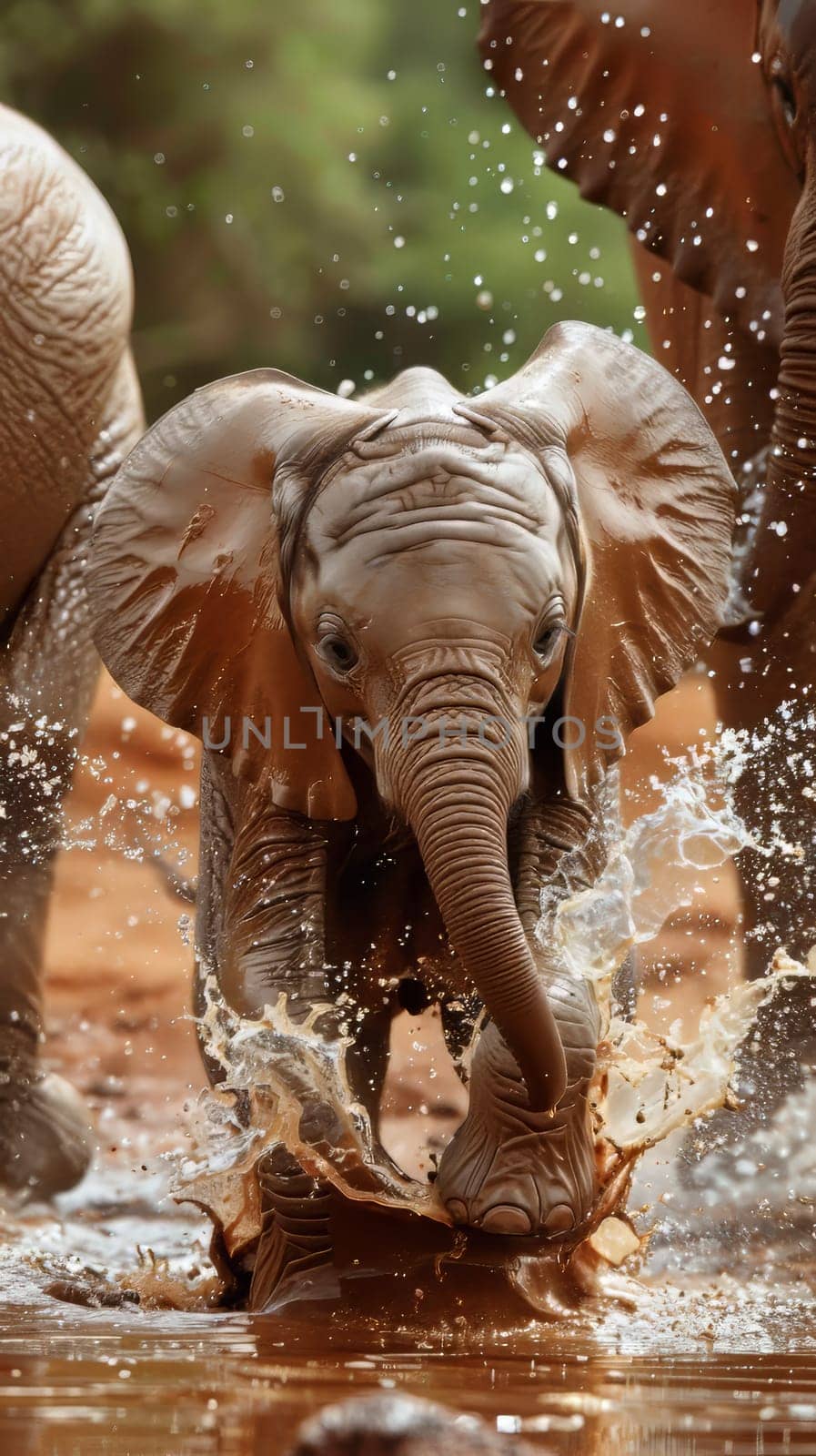 Gentle baby elephants splashing in muddy watering holes, their trunks spraying water in all directions