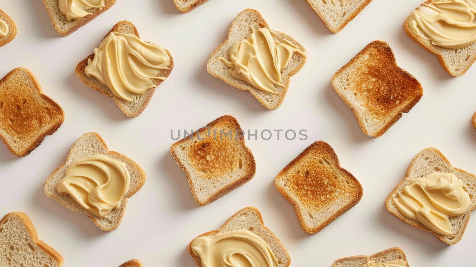 Floating slices of bread with spreads captured from above
