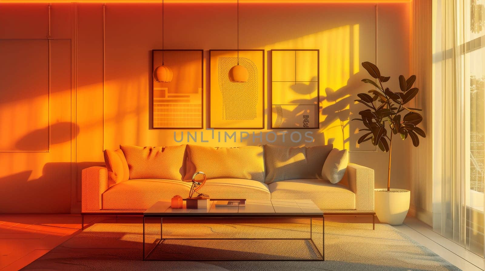 Iconic outline of interior decor elements against a backdrop of ambient light