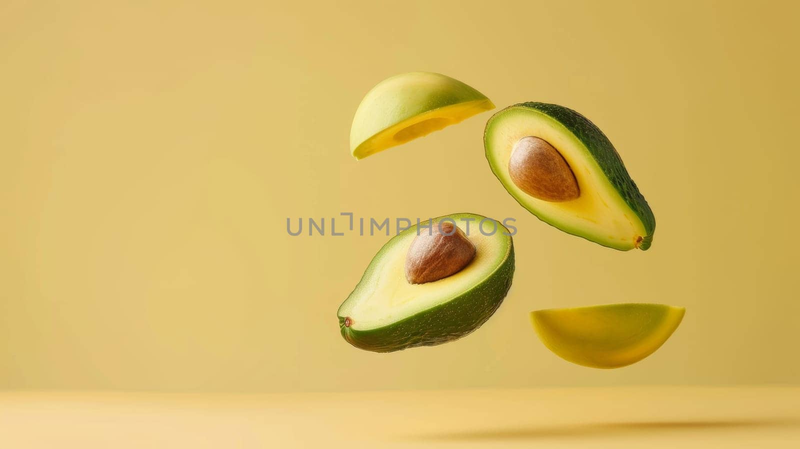 Minimalist poster featuring levitating avocado halves with minimalist text