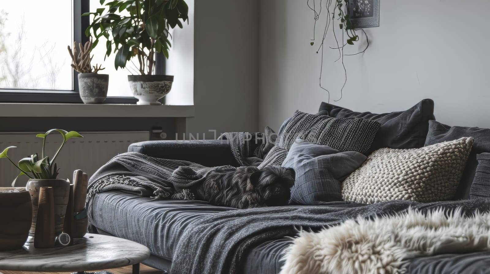 Minimalist living space with cozy textiles