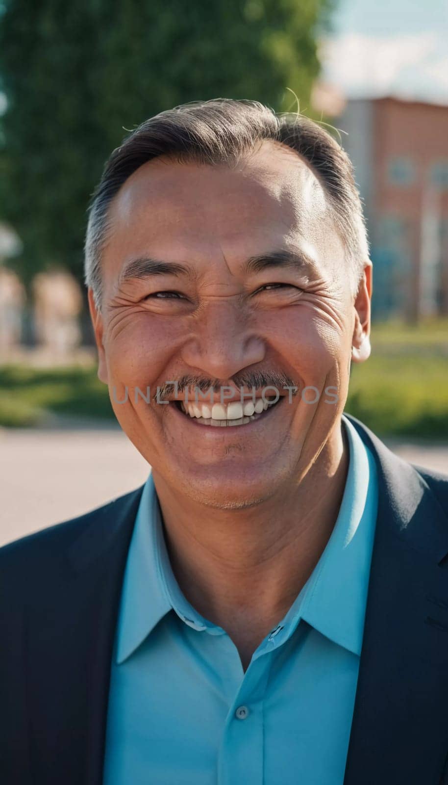 A man 50 years old with a genuine smile stands outside in a lively area showcasing a friendly demeanor and enjoying the beautiful day among vibrant surroundings. A resident of Kazakhstan. AI generate.