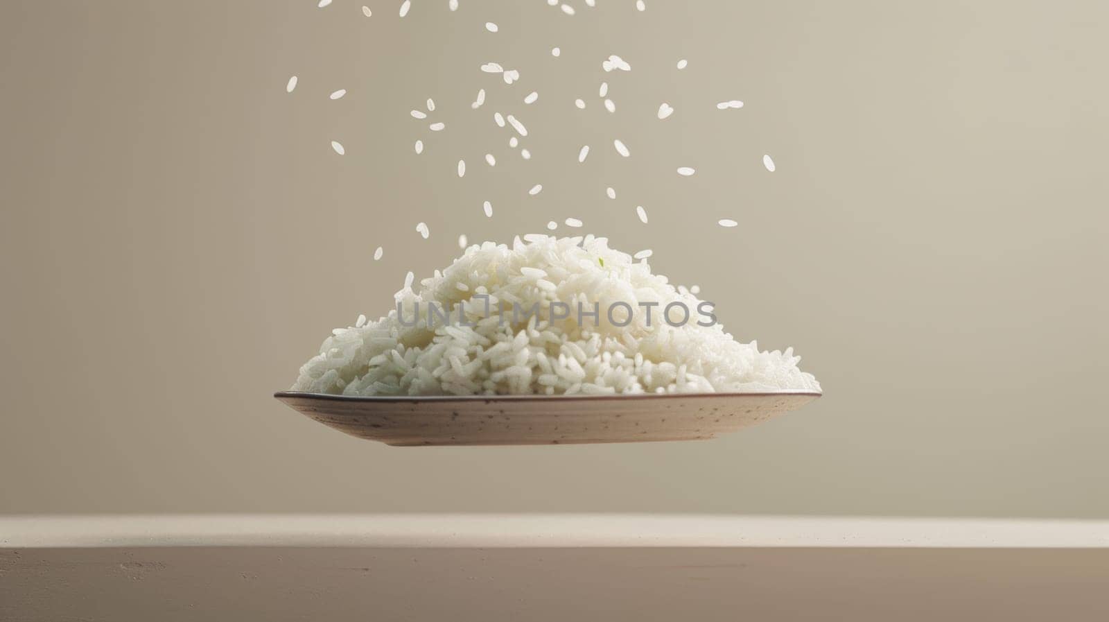 Minimalist shot of floating sushi rice in mid-air