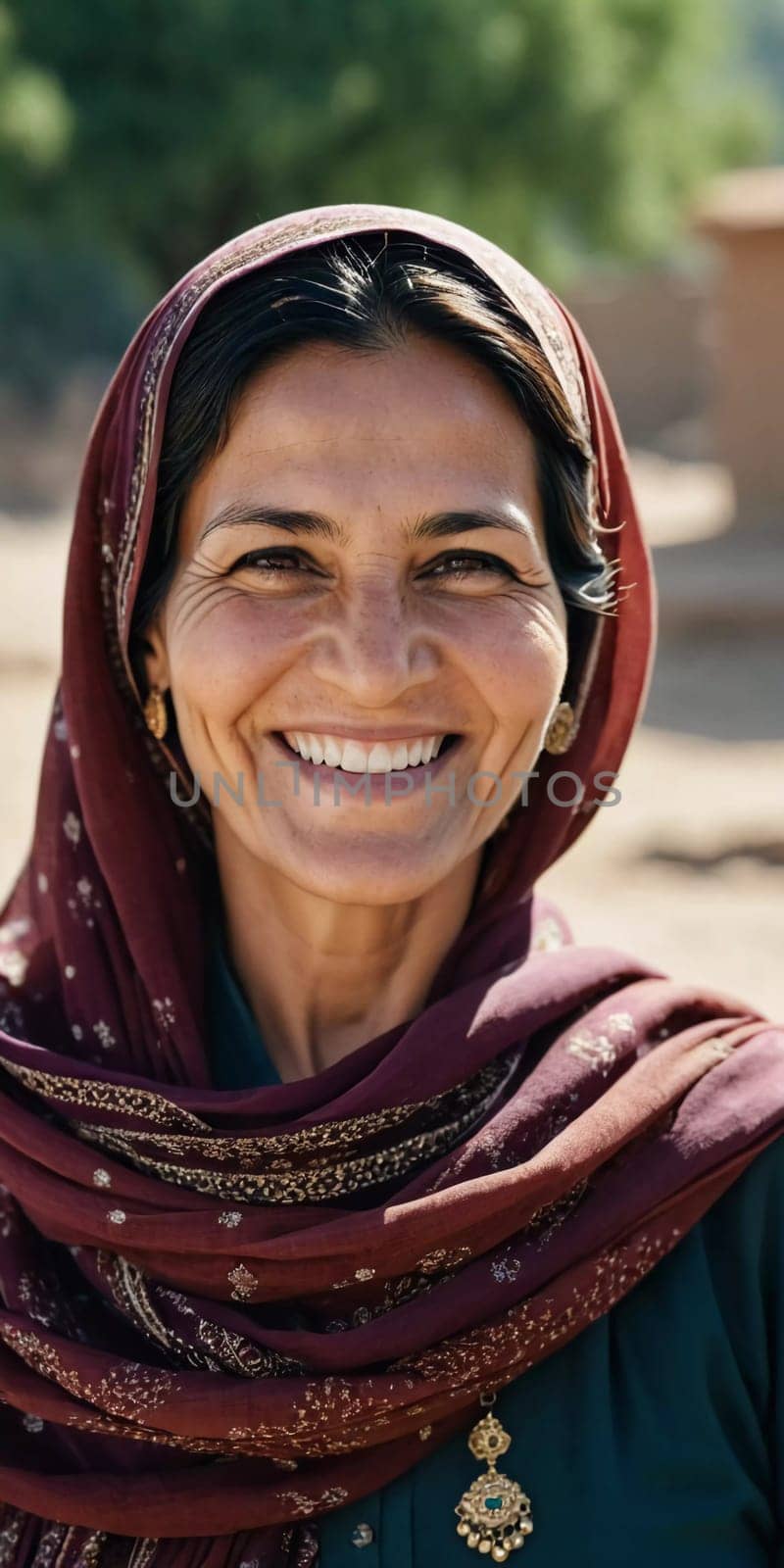 A joyful woman 45 years old from Afghanistan displays a bright smile while wearing traditional clothing. She stands confidently, embodying a sense of peace in her rural community. Generative AI.