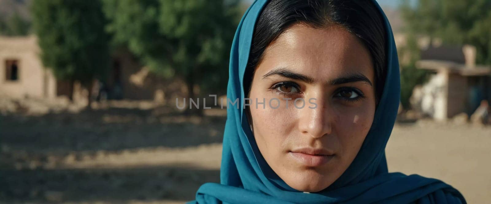 Young woman 25 years old, draped in a beautifully patterned scarf, appears contemplative at a community gathering in Afghanistan. Her expression reflects a mix of strength and serenity. Generative AI.