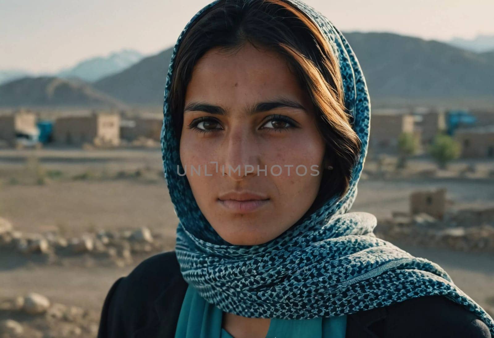 Young woman 25 years old, draped in a beautifully patterned scarf, appears contemplative at a community gathering in Afghanistan. Her expression reflects a mix of strength and serenity. Generative AI.