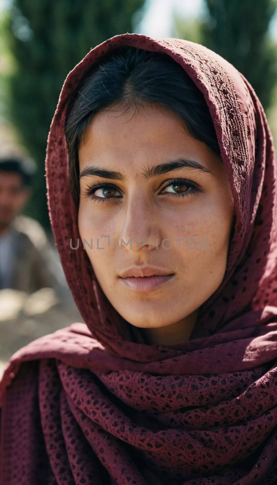 Young woman 25 years old, draped in a beautifully patterned scarf, appears contemplative at a community gathering in Afghanistan. Her expression reflects a mix of strength and serenity. Generative AI.