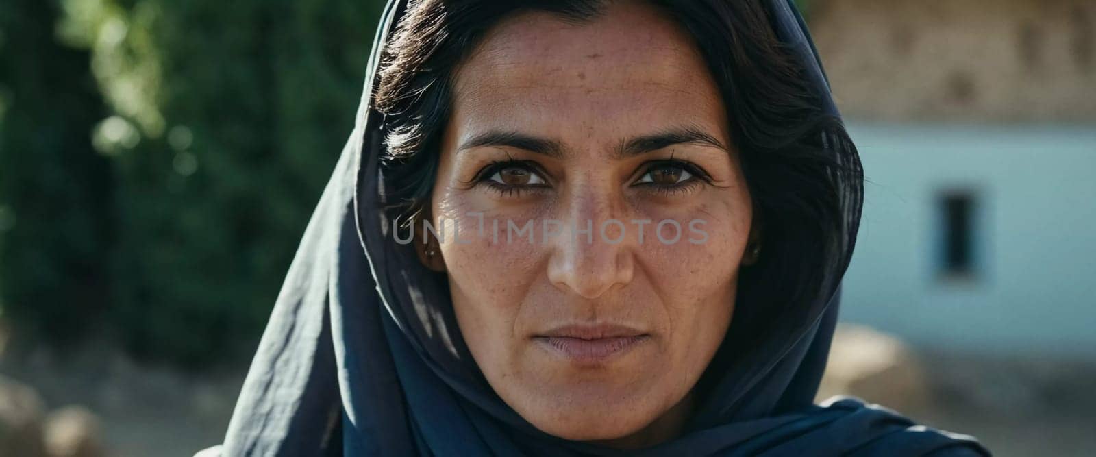 A woman 45 years old in Afghanistan stands confidently, wearing a beautifully patterned scarf. The mountainous landscape emphasizes her strength and connection to her heritage. Generative AI.
