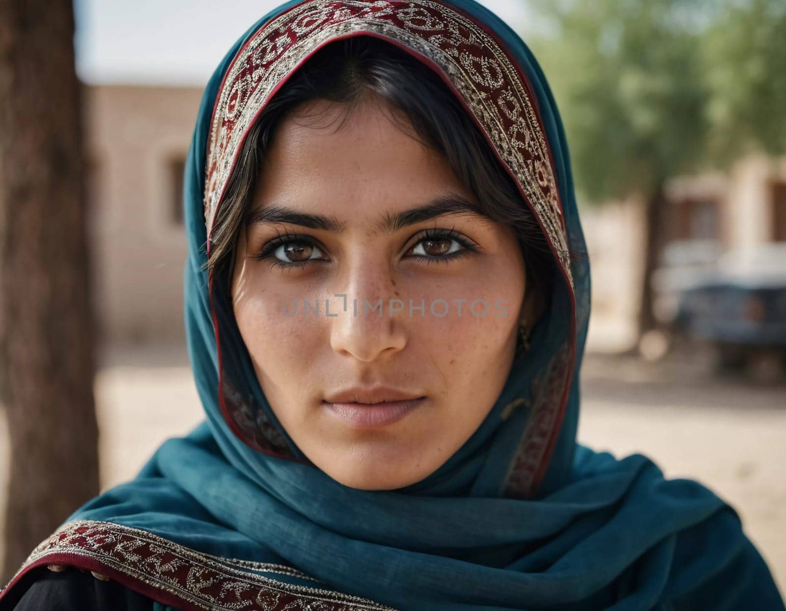 Young woman 25 years old, draped in a beautifully patterned scarf, appears contemplative at a community gathering in Afghanistan. Her expression reflects a mix of strength and serenity. Generative AI.