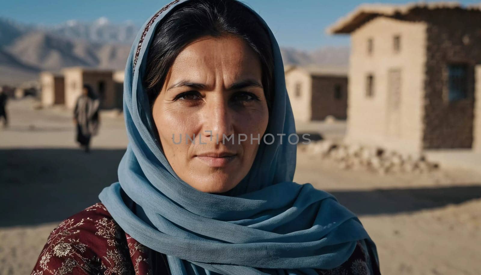 A woman 45 years old in Afghanistan stands confidently, wearing a beautifully patterned scarf. The mountainous landscape emphasizes her strength and connection to her heritage. Generative AI.