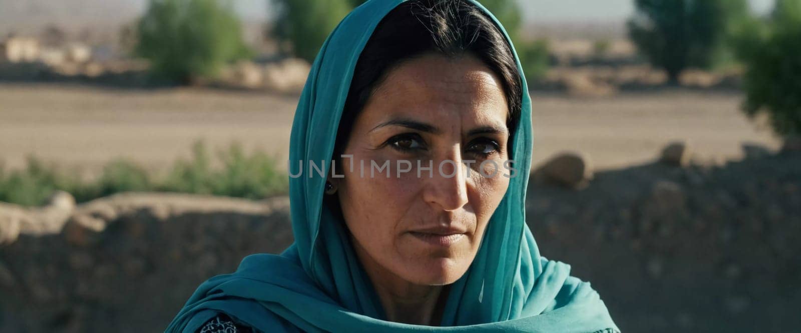 A woman 45 years old in Afghanistan stands confidently, wearing a beautifully patterned scarf. The mountainous landscape emphasizes her strength and connection to her heritage. Generative AI.