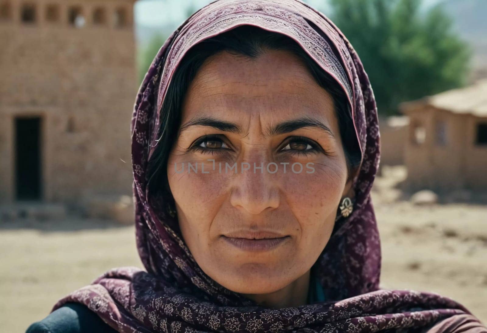 A woman 45 years old in Afghanistan stands confidently, wearing a beautifully patterned scarf. The mountainous landscape emphasizes her strength and connection to her heritage. Generative AI.