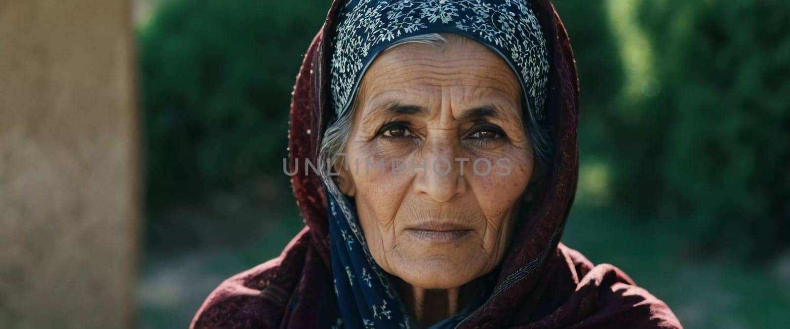 The elderly Afghanistan woman 75 years old gazes thoughtfully into the distance, her face marked by life experiences. She wears a traditional headscarf, set against a rustic background. Generative AI.