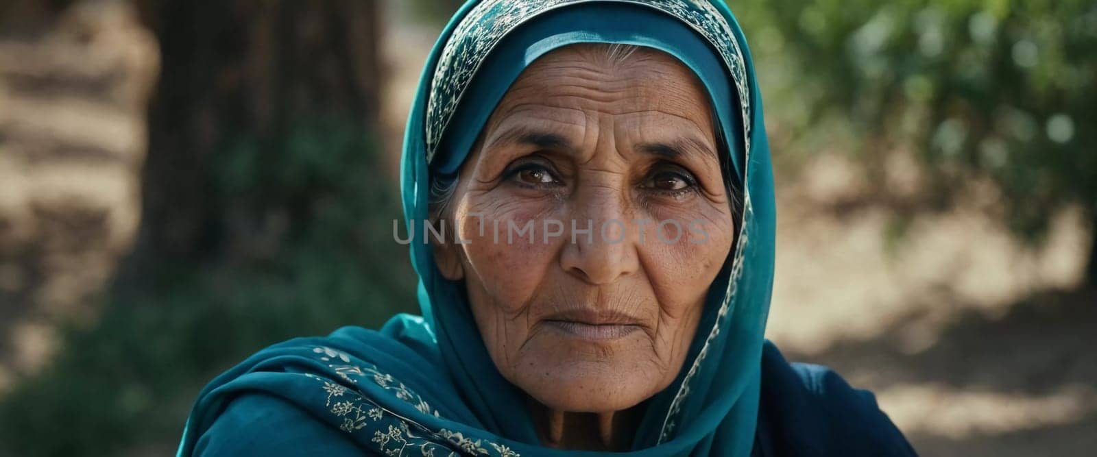 The elderly Afghanistan woman 75 years old gazes thoughtfully into the distance, her face marked by life experiences. She wears a traditional headscarf, set against a rustic background. Generative AI.