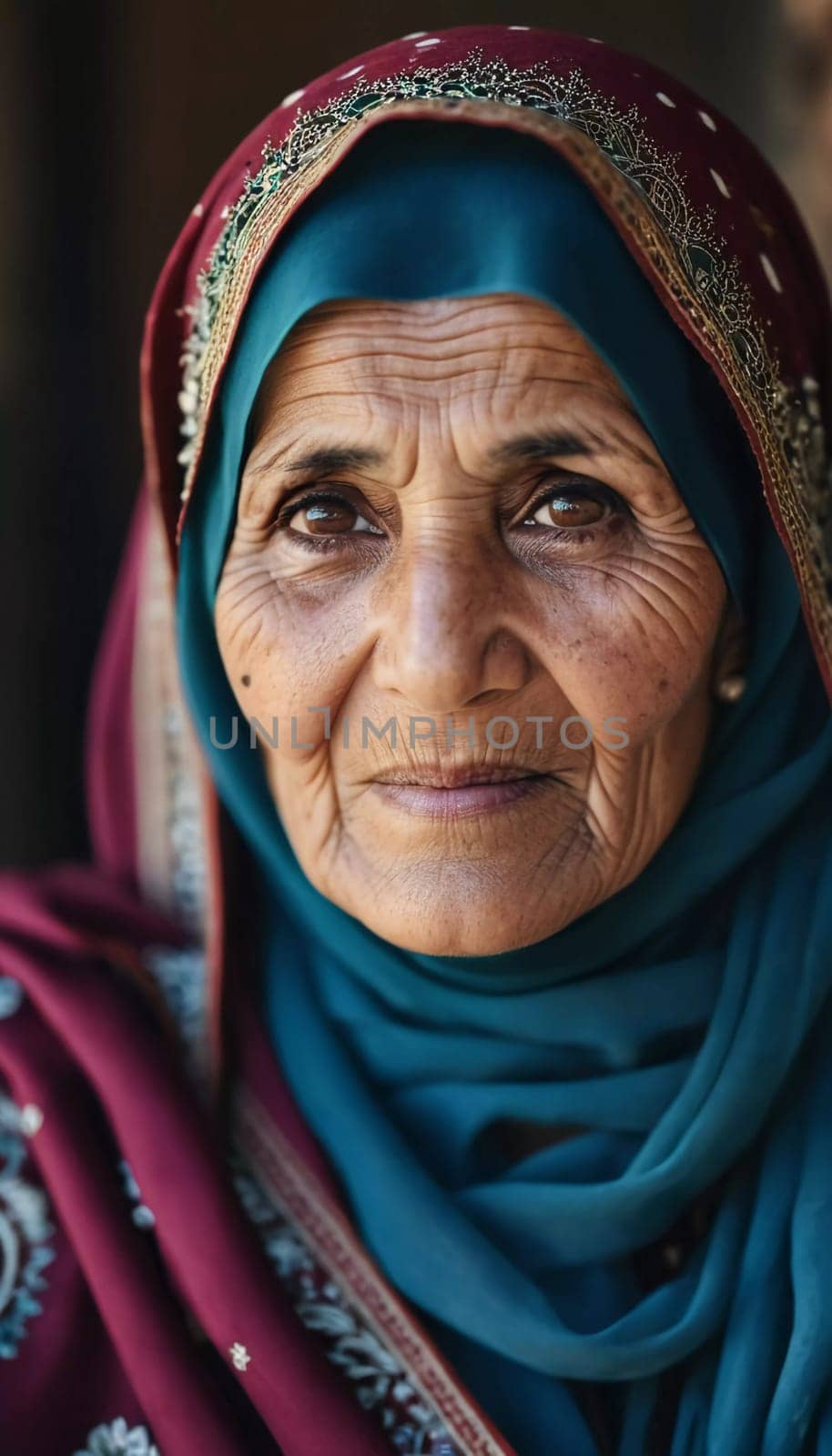 The elderly Afghanistan woman 75 years old gazes thoughtfully into the distance, her face marked by life experiences. She wears a traditional headscarf, set against a rustic background. Generative AI.