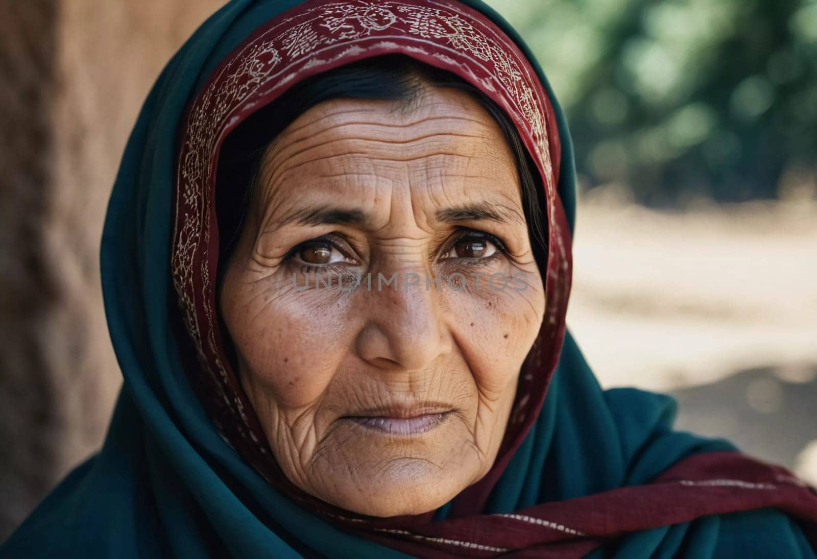 The elderly Afghanistan woman 75 years old gazes thoughtfully into the distance, her face marked by life experiences. She wears a traditional headscarf, set against a rustic background. Generative AI.