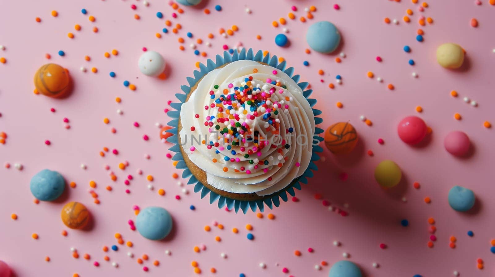 Levitating cupcake with sprinkles captured from above