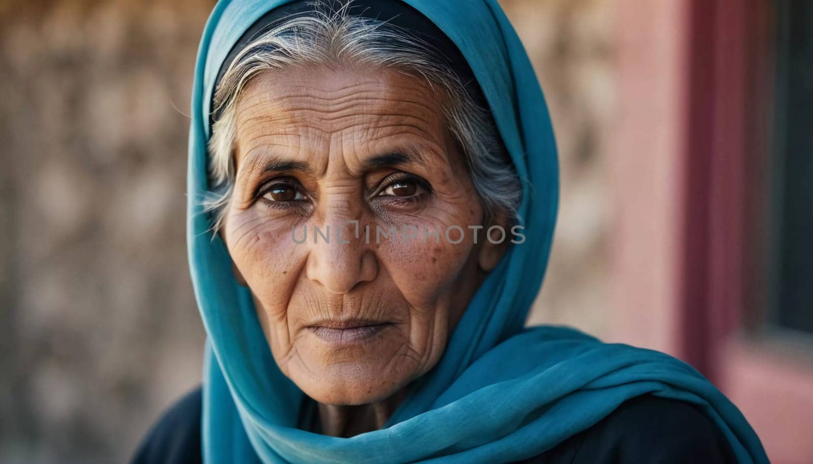 The elderly Afghanistan woman 75 years old gazes thoughtfully into the distance, her face marked by life experiences. She wears a traditional headscarf, set against a rustic background. Generative AI.