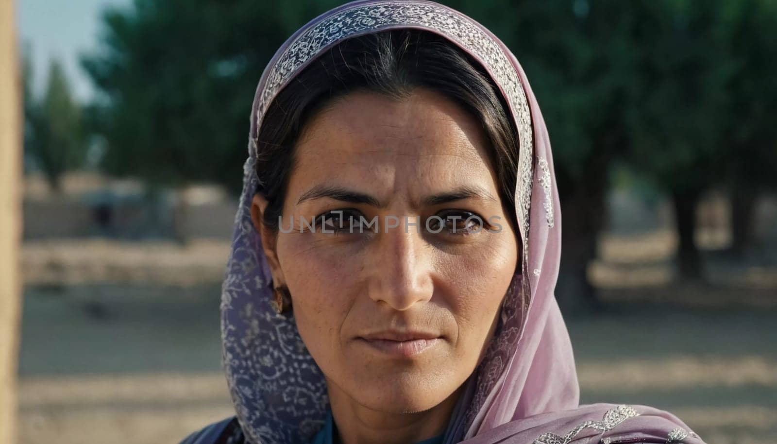 A woman 45 years old in Afghanistan stands confidently, wearing a beautifully patterned scarf. The mountainous landscape emphasizes her strength and connection to her heritage. Generative AI.