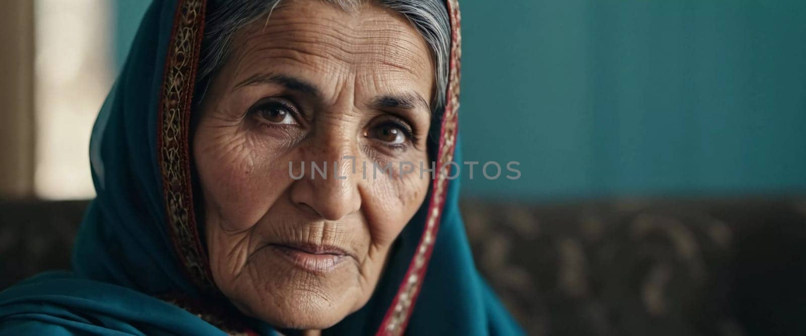 The elderly Afghanistan woman 75 years old gazes thoughtfully into the distance, her face marked by life experiences. She wears a traditional headscarf, set against a rustic background. Generative AI.