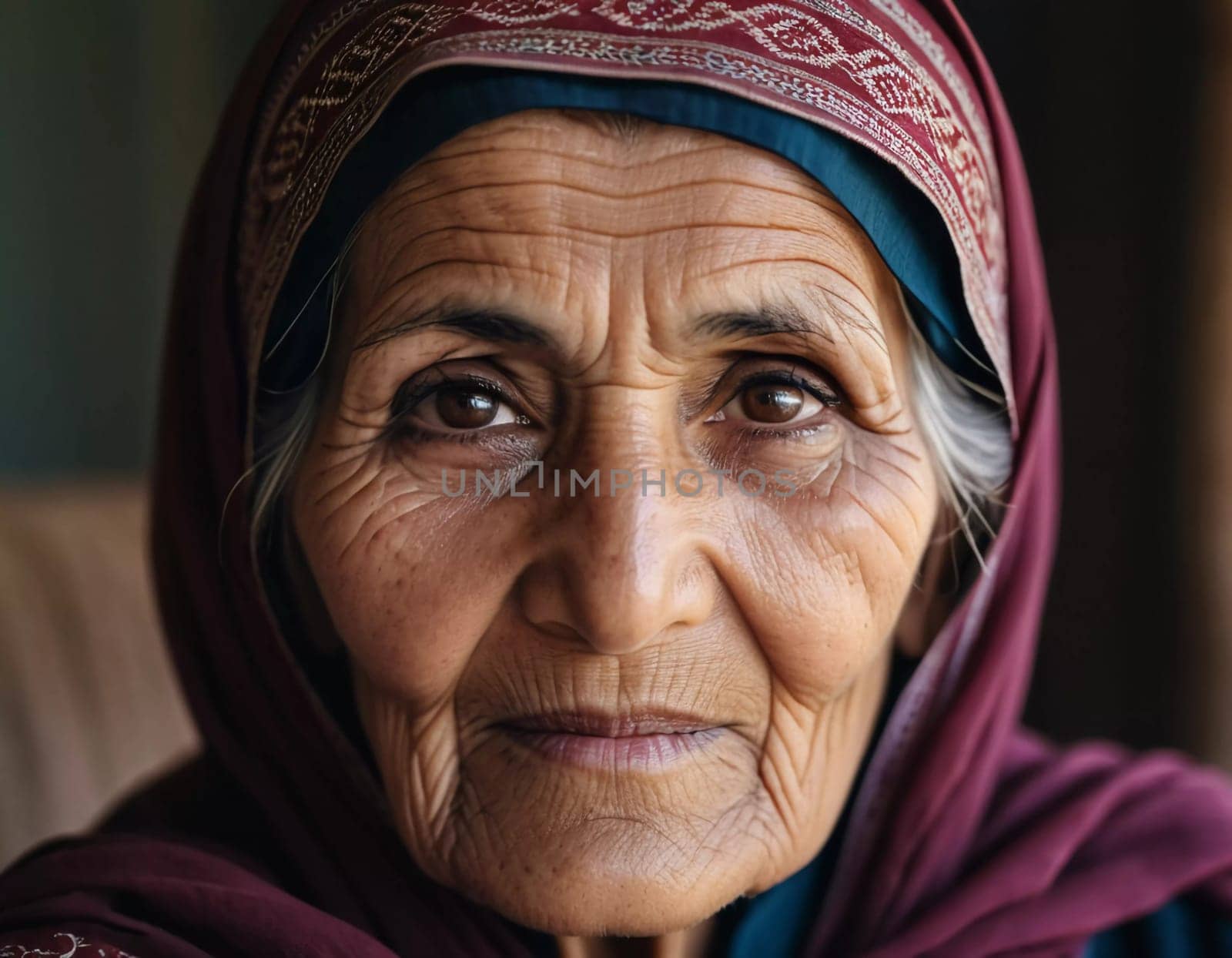 The elderly Afghanistan woman 75 years old gazes thoughtfully into the distance, her face marked by life experiences. She wears a traditional headscarf, set against a rustic background. Generative AI.