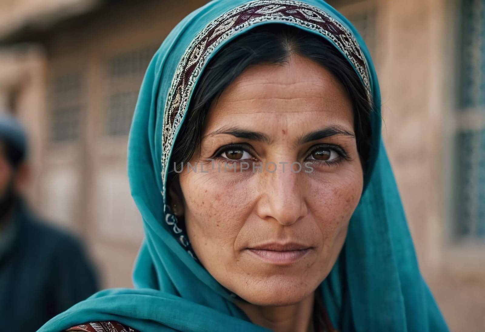 A woman 45 years old in Afghanistan stands confidently, wearing a beautifully patterned scarf. The mountainous landscape emphasizes her strength and connection to her heritage. Generative AI.