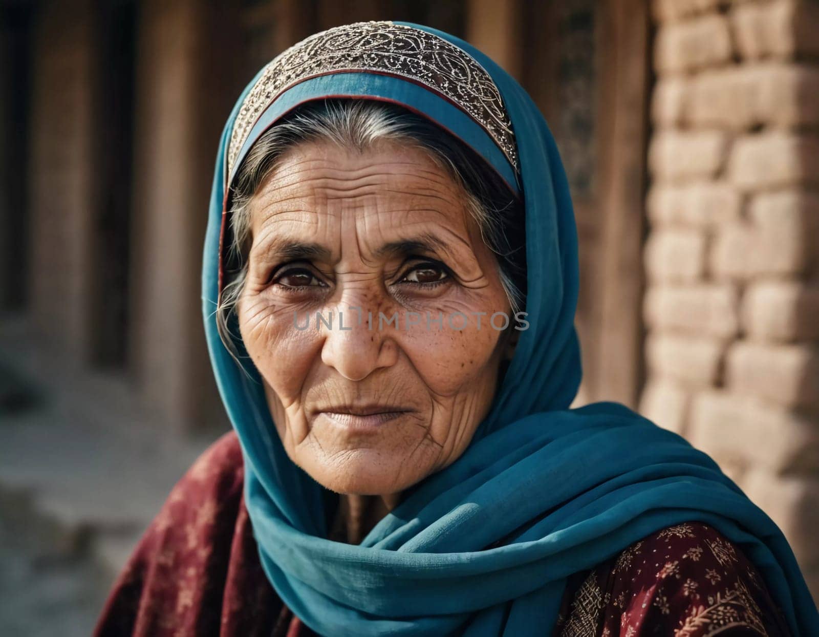 The elderly Afghanistan woman 75 years old gazes thoughtfully into the distance, her face marked by life experiences. She wears a traditional headscarf, set against a rustic background. Generative AI.