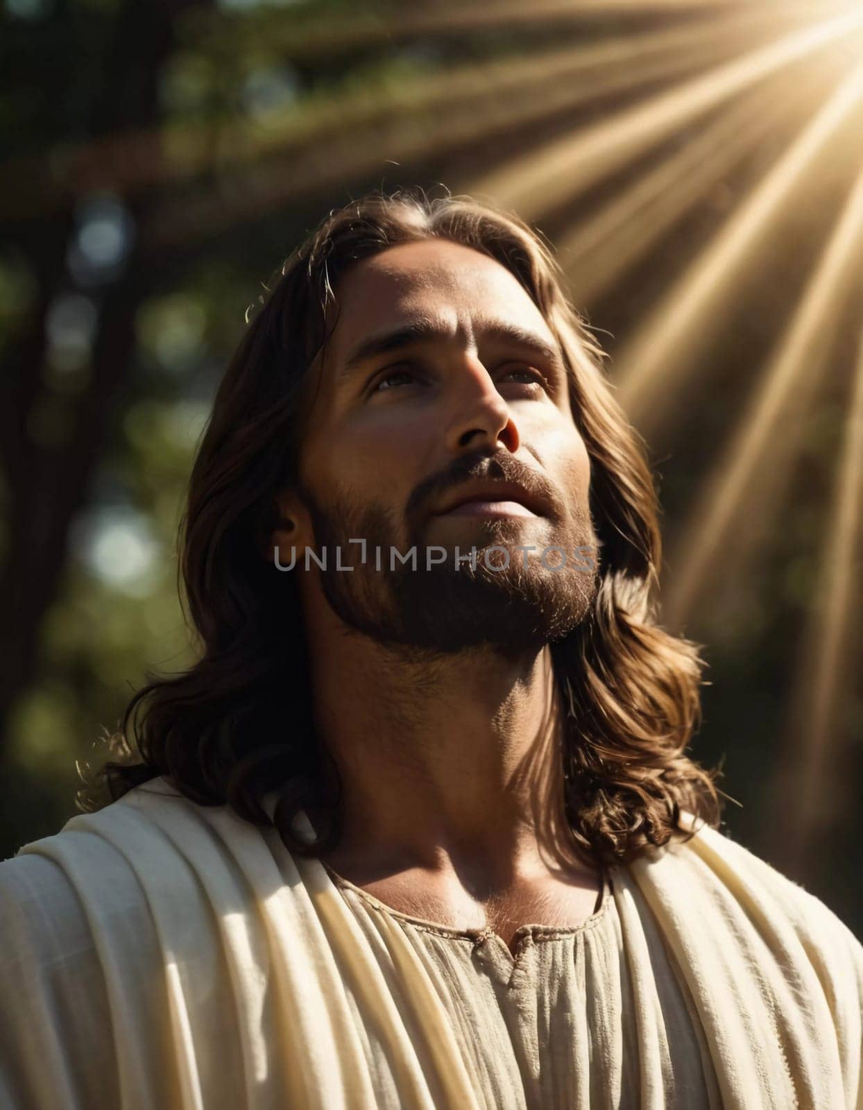 Close-Up Portrait of a Man Dressed as Jesus. White robe. Long brown hair and beard. Man appears to be in his early 30s, and he has a serious expression on his face. Christian religion and faith. AI.