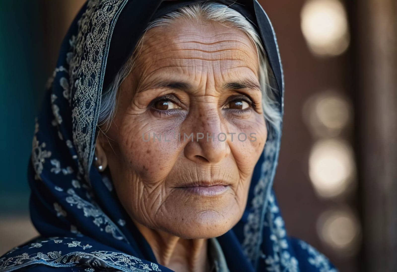 The elderly Afghanistan woman 75 years old gazes thoughtfully into the distance, her face marked by life experiences. She wears a traditional headscarf, set against a rustic background. Generative AI.