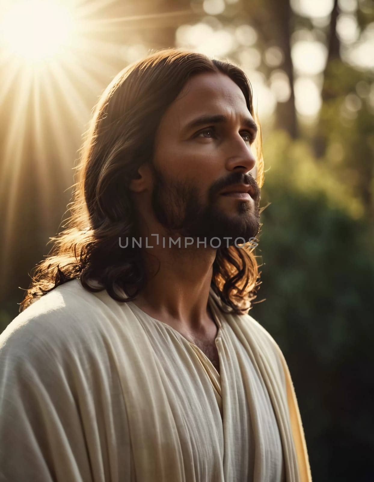 Close-Up Portrait of a Man Dressed as Jesus. White robe. Long brown hair and beard. Man appears to be in his early 30s, and he has a serious expression on his face. Christian religion and faith. AI.