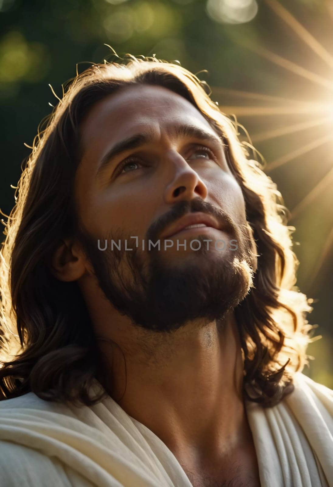 Close-Up Portrait of a Man Dressed as Jesus. White robe. Long brown hair and beard. Man appears to be in his early 30s, and he has a serious expression on his face. Christian religion and faith. AI.