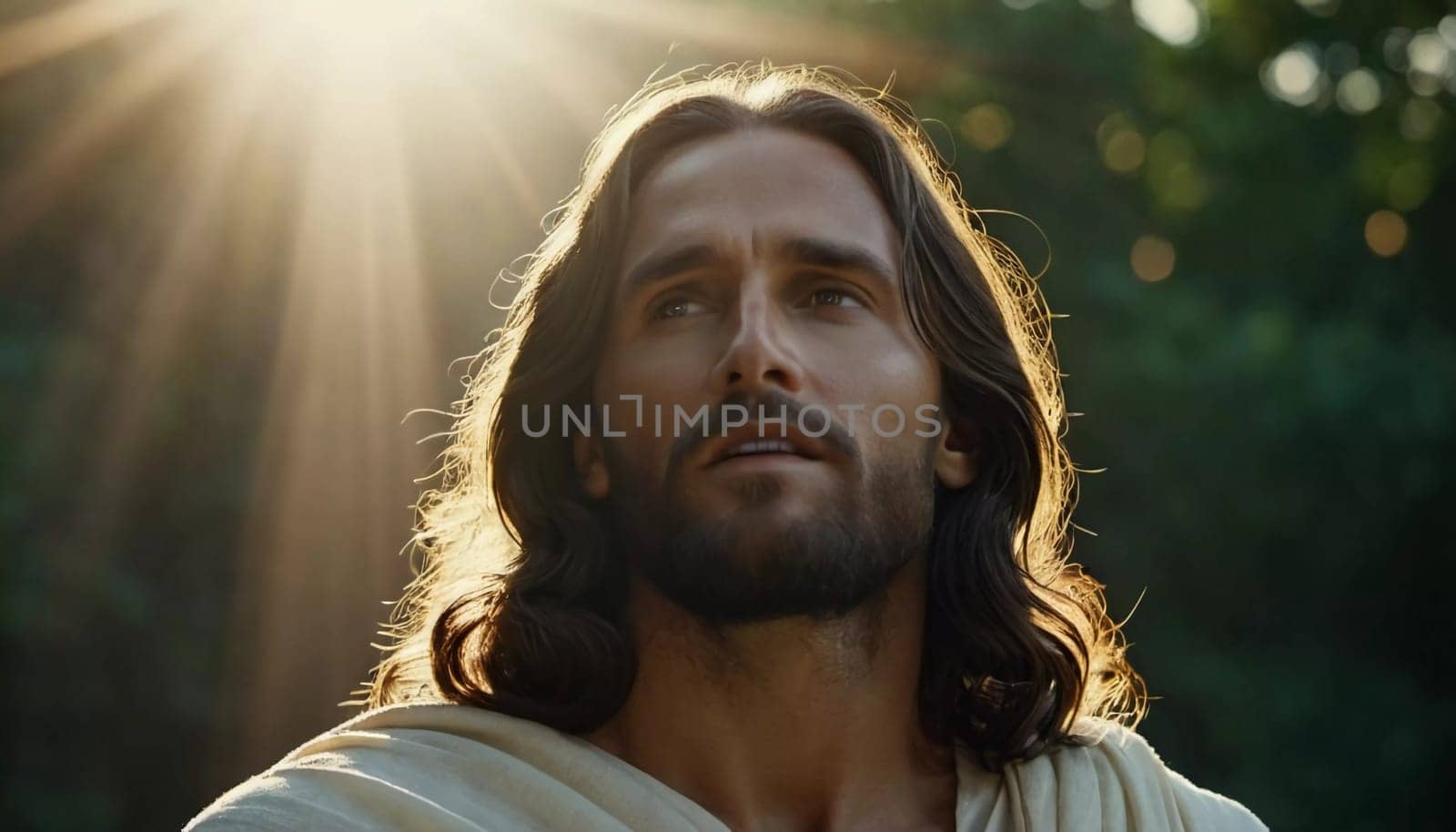 Close-Up Portrait of a Man Dressed as Jesus. White robe. Long brown hair and beard. Man appears to be in his early 30s, and he has a serious expression on his face. Christian religion and faith. AI.