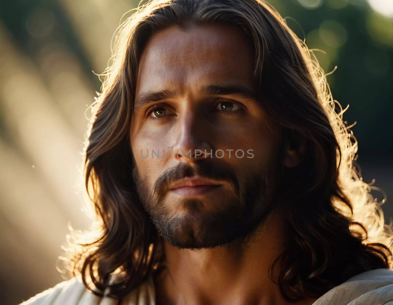 Close-Up Portrait of a Man Dressed as Jesus. White robe. Long brown hair and beard. Man appears to be in his early 30s, and he has a serious expression on his face. Christian religion and faith. AI.