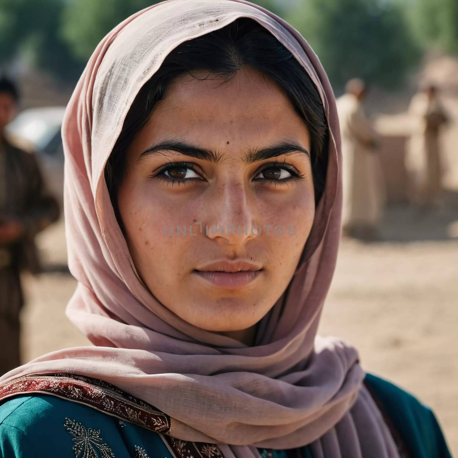 Young woman 25 years old, draped in a beautifully patterned scarf, appears contemplative at a community gathering in Afghanistan. Her expression reflects a mix of strength and serenity. Generative AI.