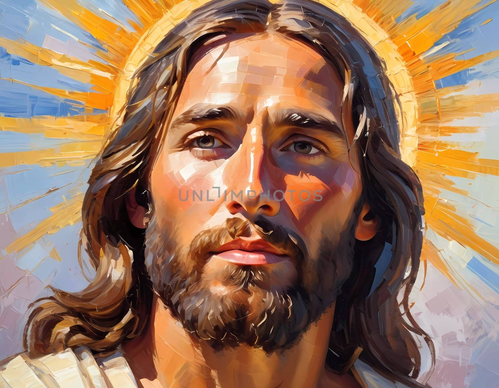 Close-Up Portrait of a Man Dressed as Jesus. White robe. Long brown hair and beard. Man appears to be in his early 30s, and he has a serious expression on his face. Christian religion and faith. AI.
