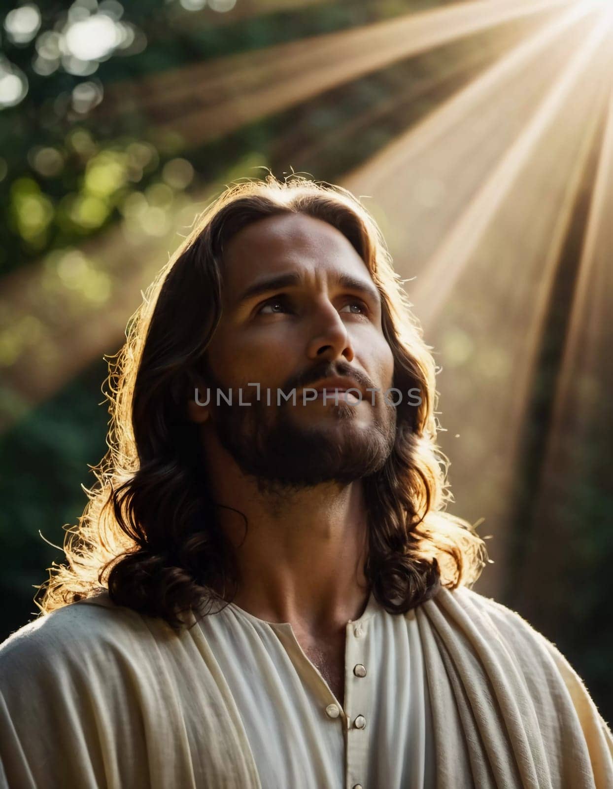 Close-Up Portrait of a Man Dressed as Jesus. White robe. Long brown hair and beard. Man appears to be in his early 30s, and he has a serious expression on his face. Christian religion and faith. AI.