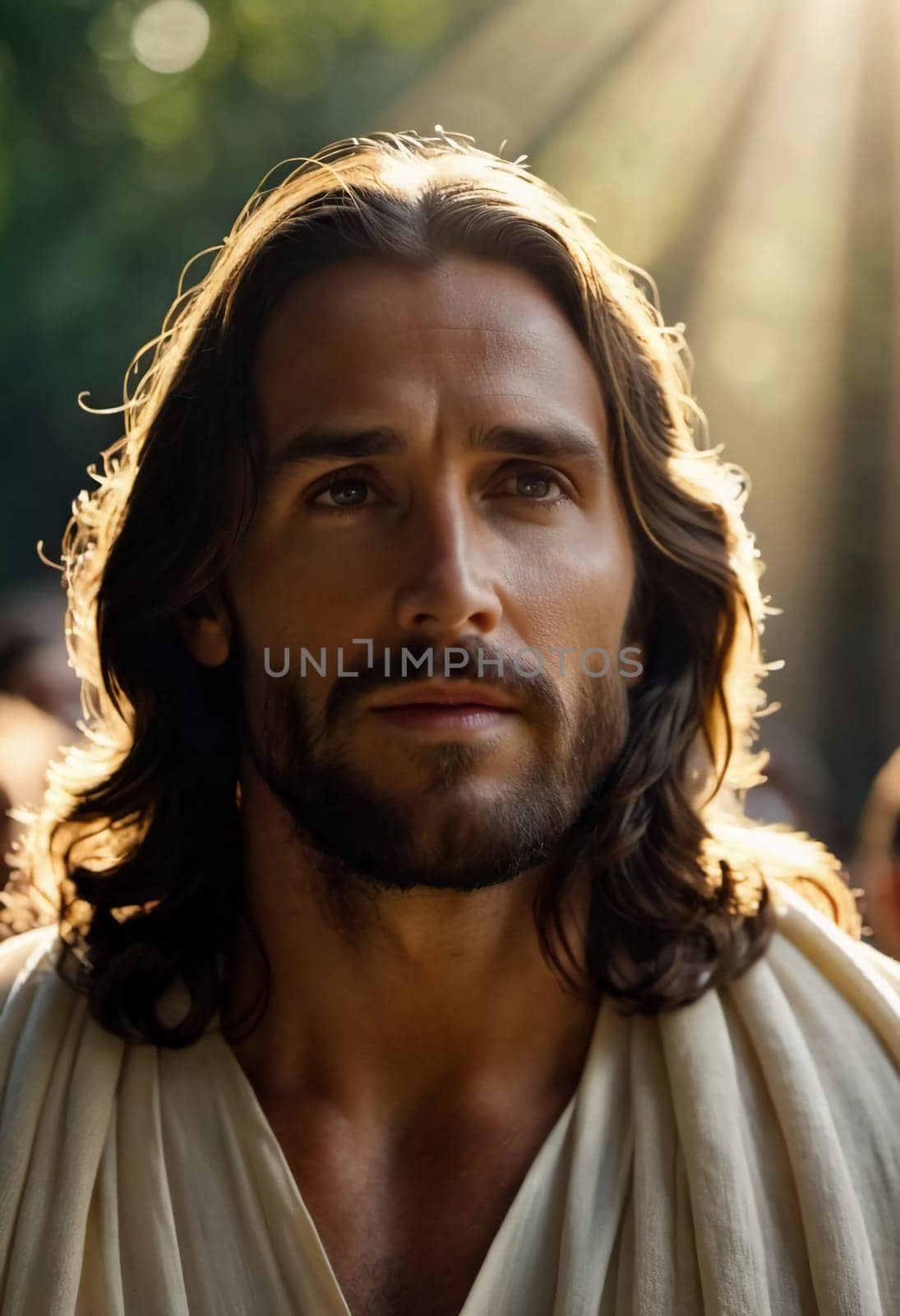 Close-Up Portrait of a Man Dressed as Jesus. White robe. Long brown hair and beard. Man appears to be in his early 30s, and he has a serious expression on his face. Christian religion and faith. AI.