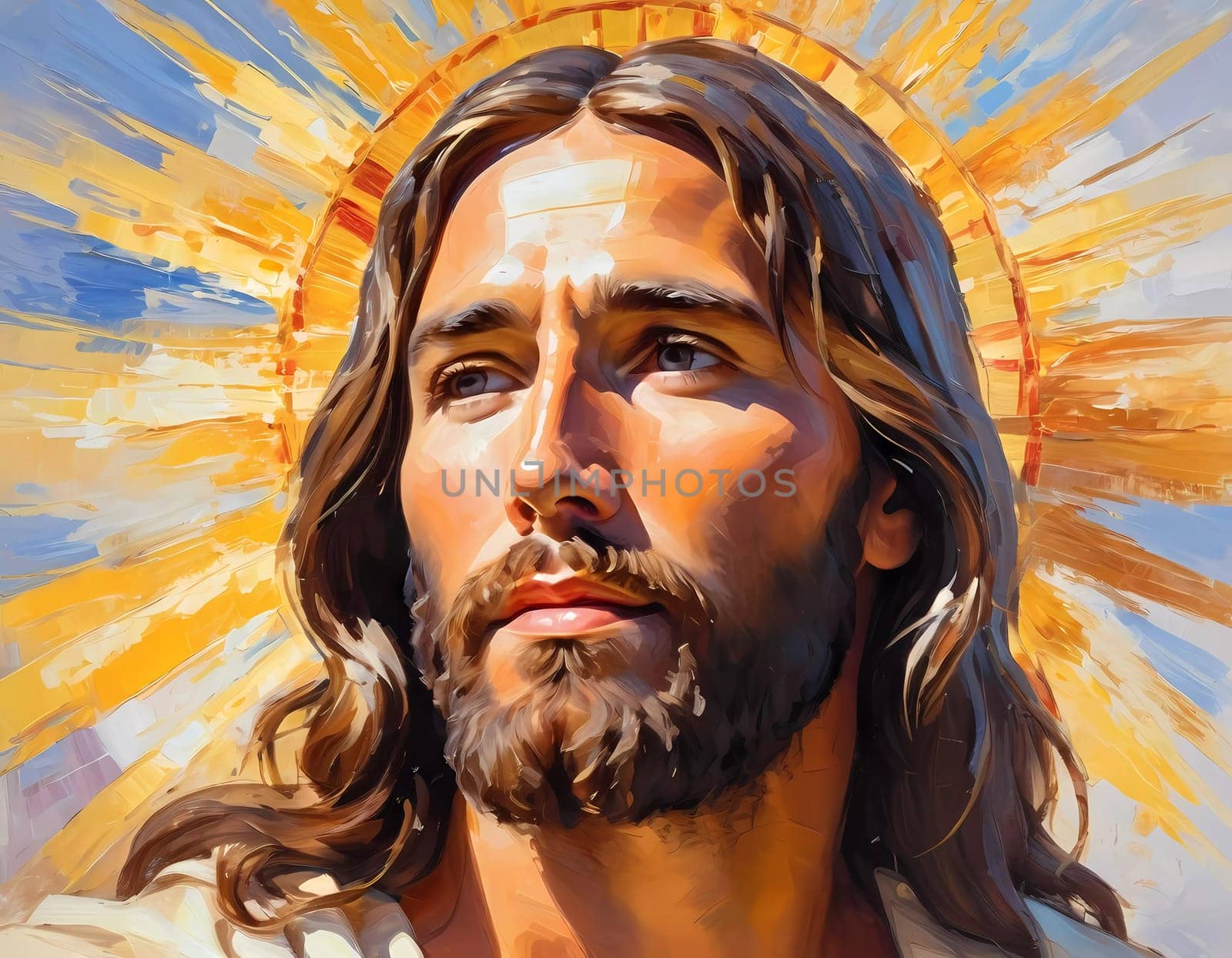 Close-Up Portrait of a Man Dressed as Jesus. White robe. Long brown hair and beard. Man appears to be in his early 30s, and he has a serious expression on his face. Christian religion and faith. AI.