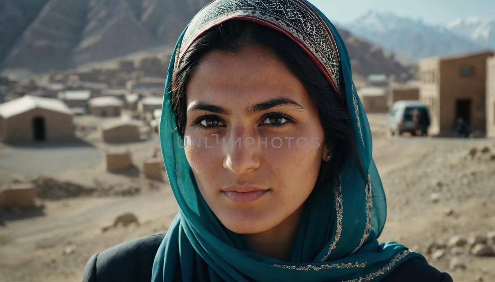 Young woman 25 years old, draped in a beautifully patterned scarf, appears contemplative at a community gathering in Afghanistan. Her expression reflects a mix of strength and serenity. Generative AI.